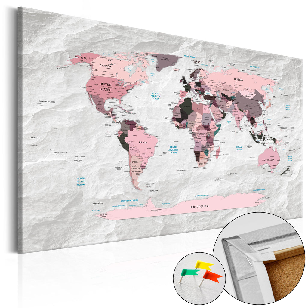 Pink World Map Continents Decorative Pinboard