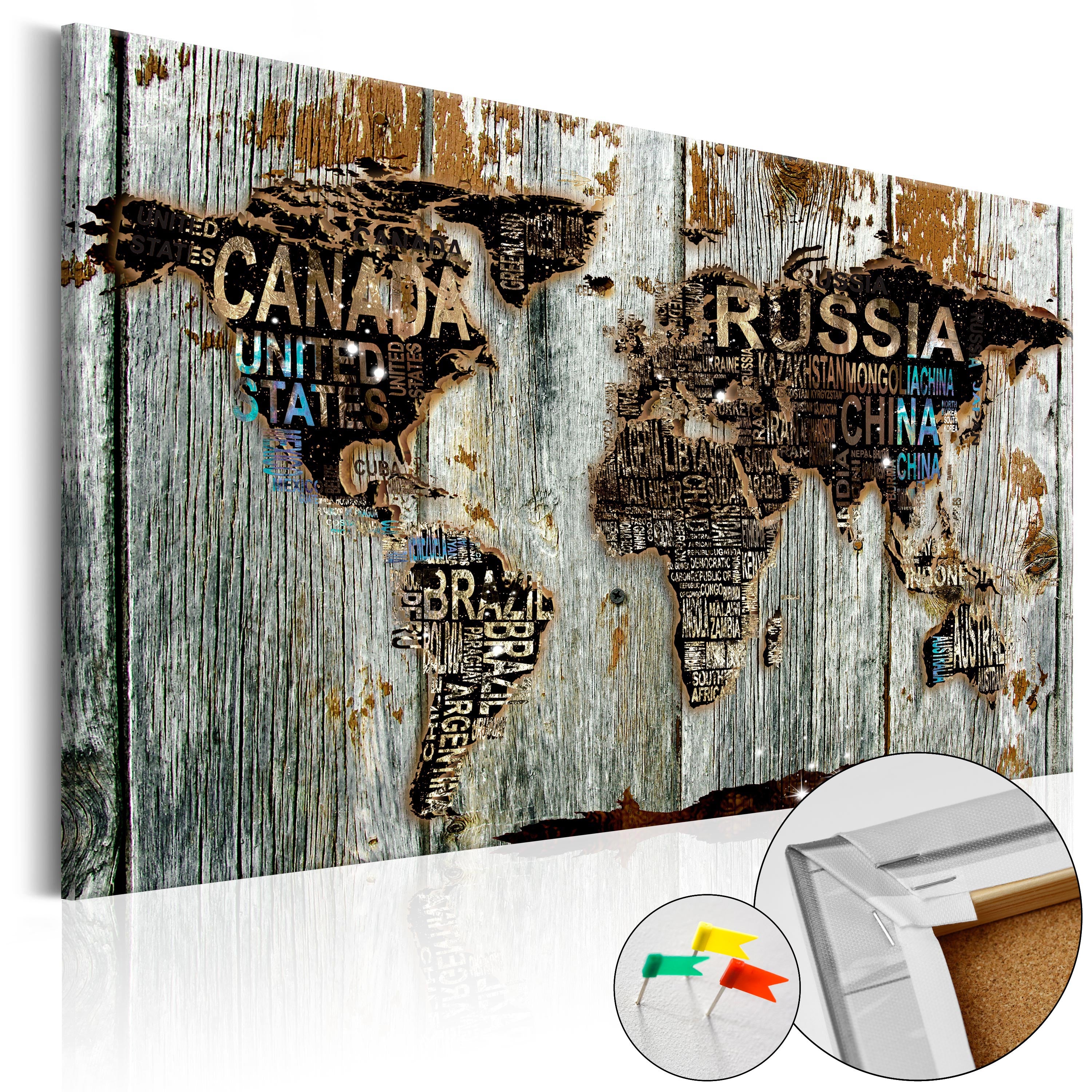 Continents Star Map Wooden Border Decorative Pinboard