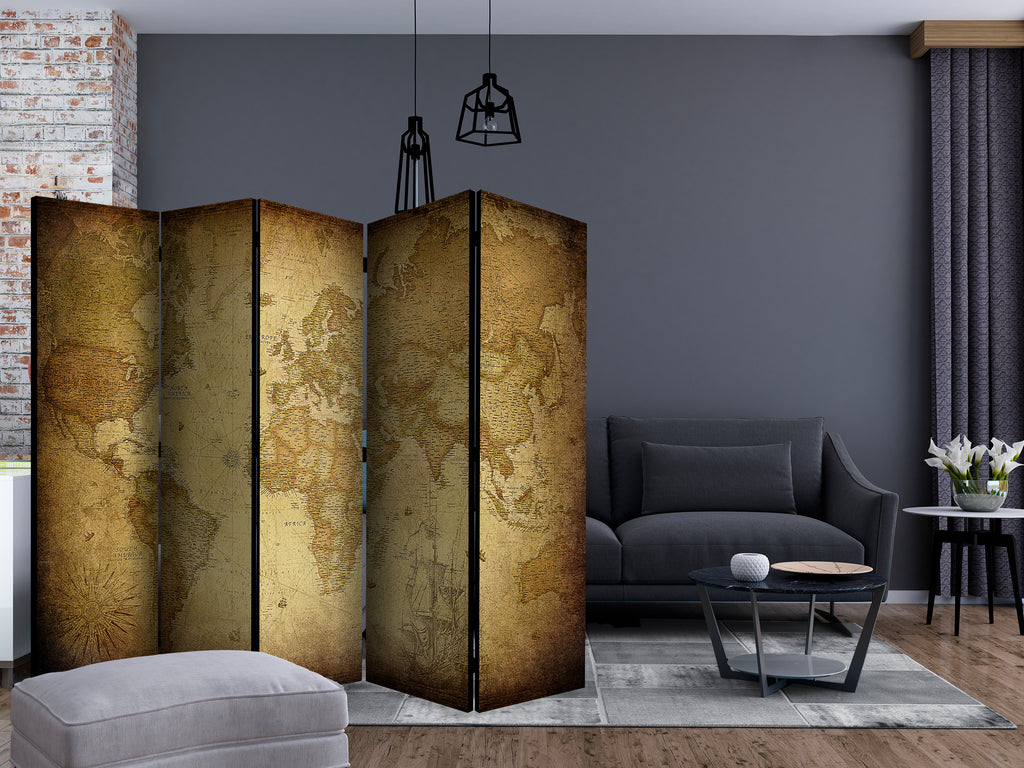 Old World Map Retro 5-Panel Room Divider