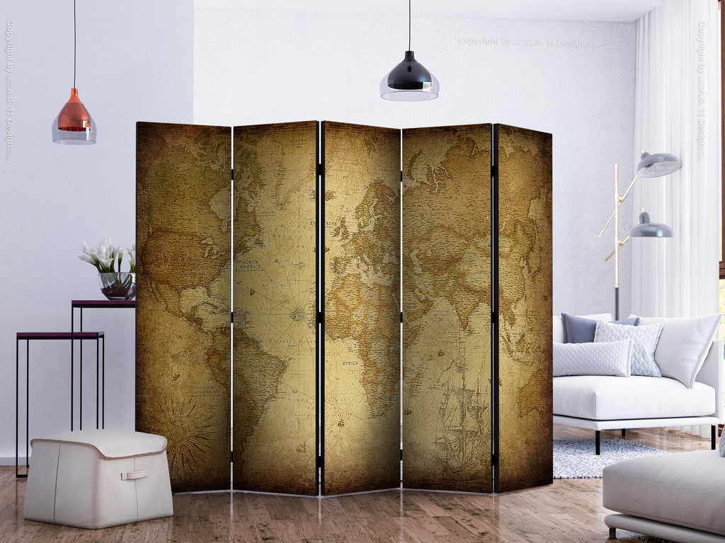 Old World Map Retro 5-Panel Room Divider