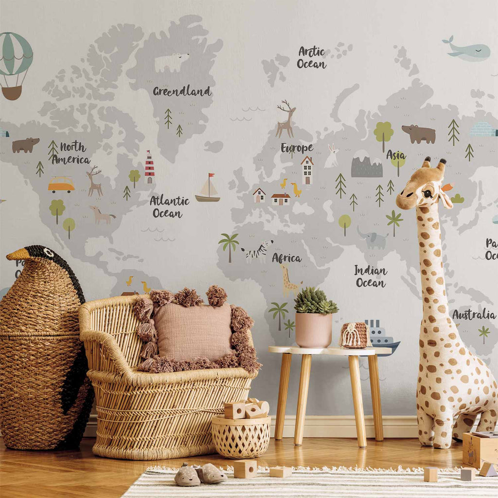 Minimalist World Map Children's Room Wall Mural