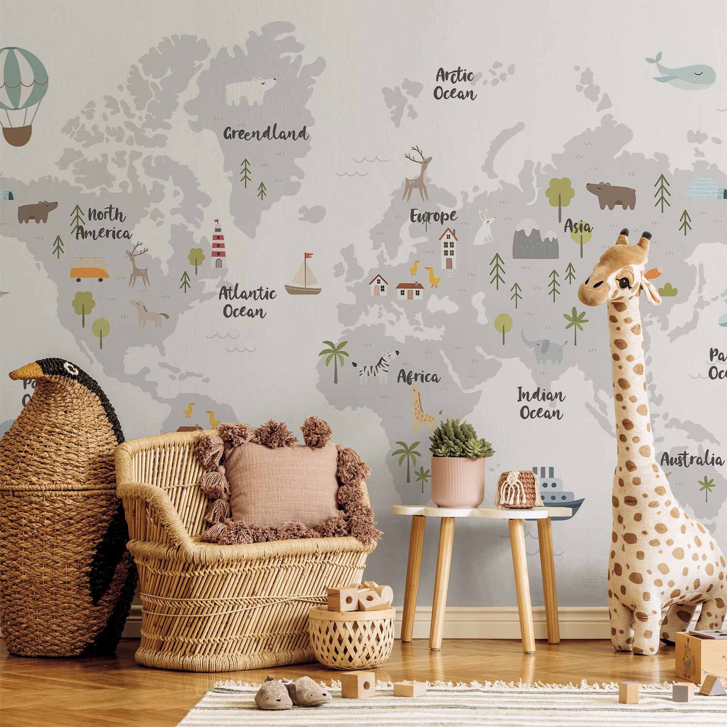 Minimalist World Map Children's Room Wall Mural