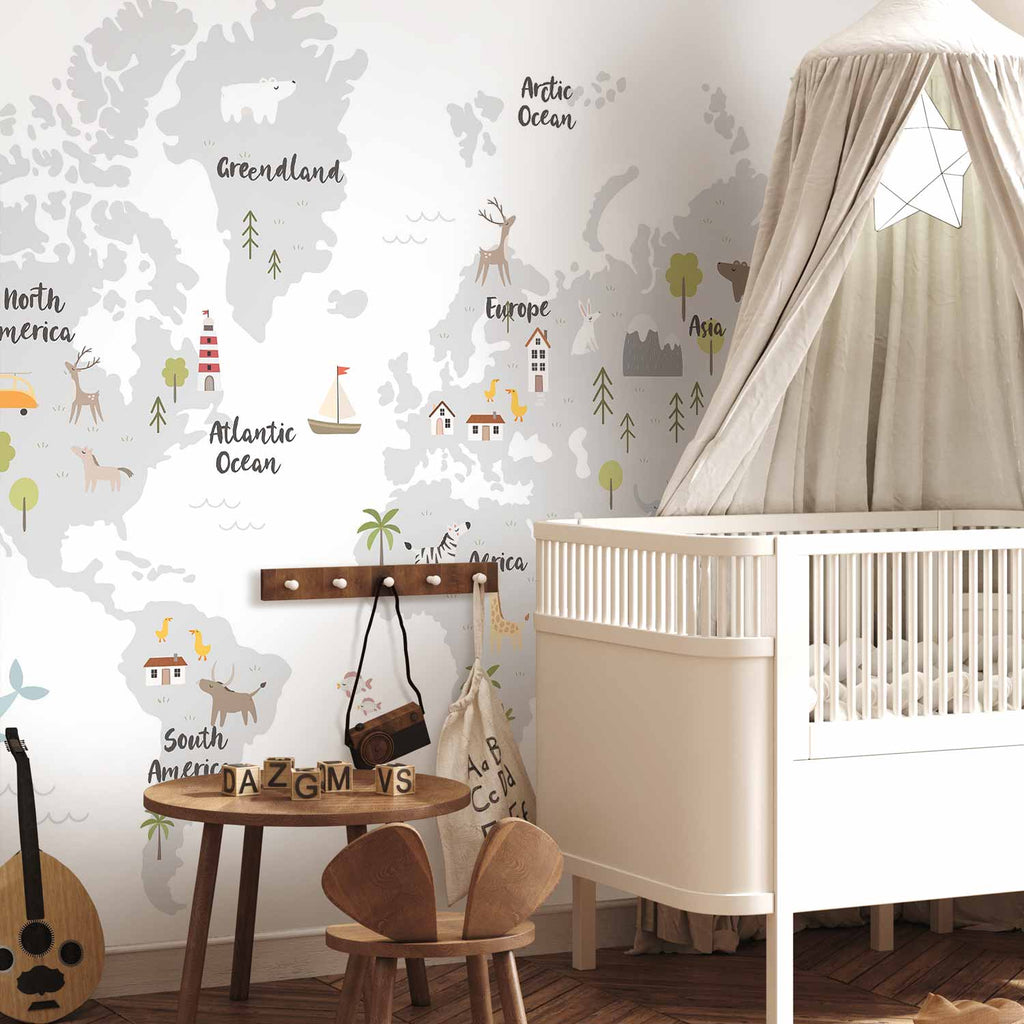 Minimalist World Map Children's Room Wall Mural