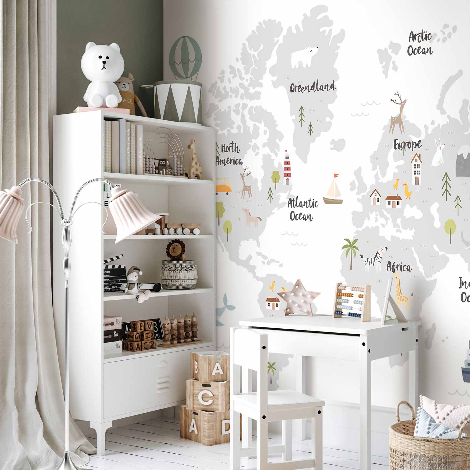 Minimalist World Map Children's Room Wall Mural