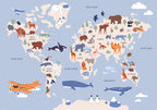 World Map Wall Mural with Animal Illustrations