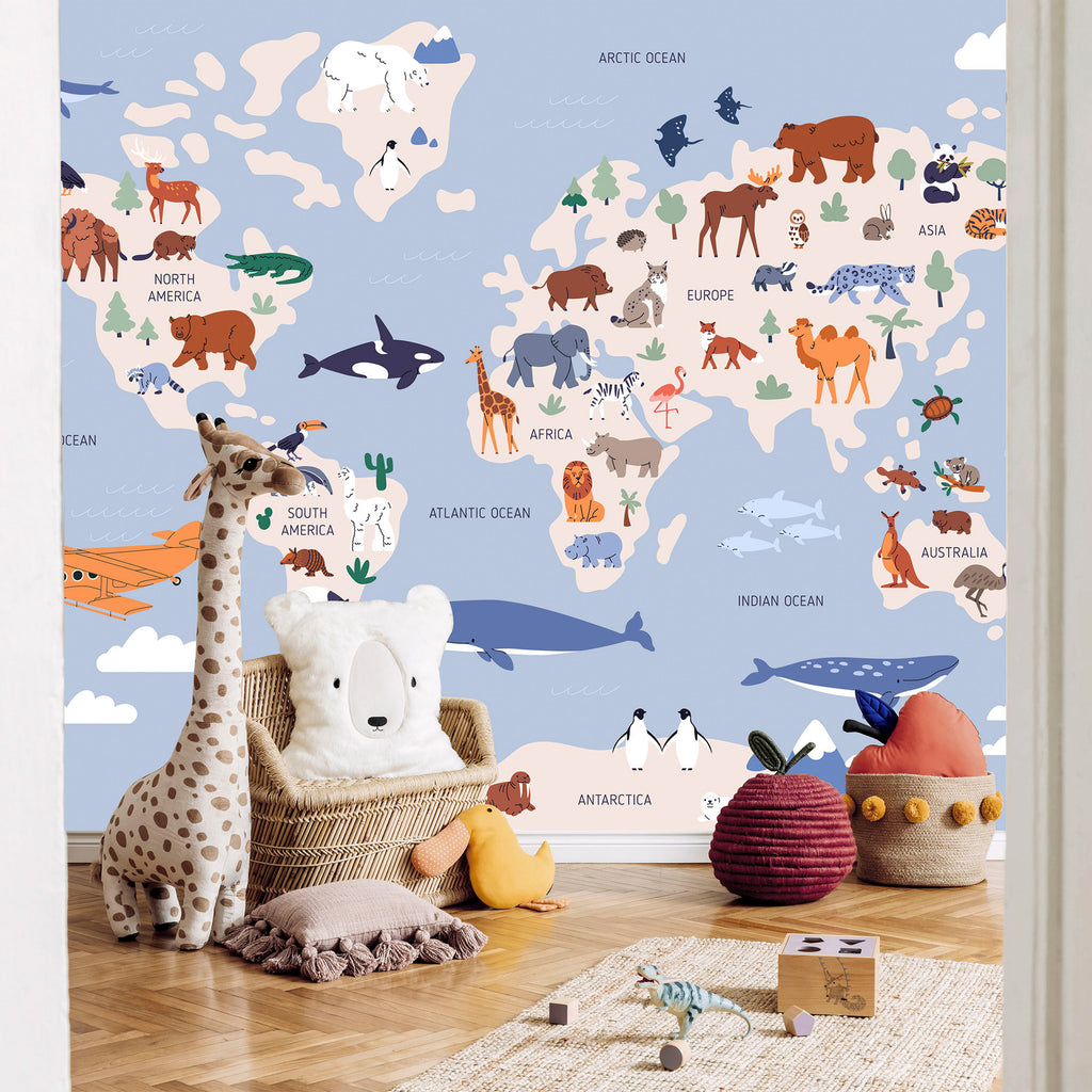 World Map Wall Mural with Animal Illustrations