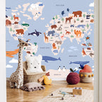 World Map Wall Mural with Animal Illustrations