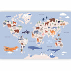 World Map Wall Mural with Animal Illustrations