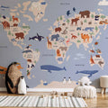 World Map Animal Illustrations Wall Mural