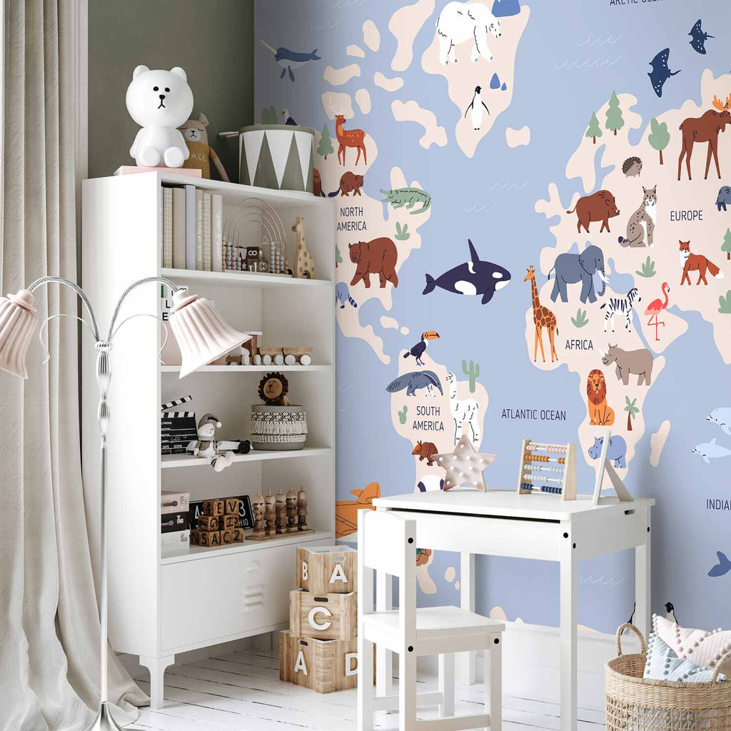 World Map Animal Illustrations Wall Mural