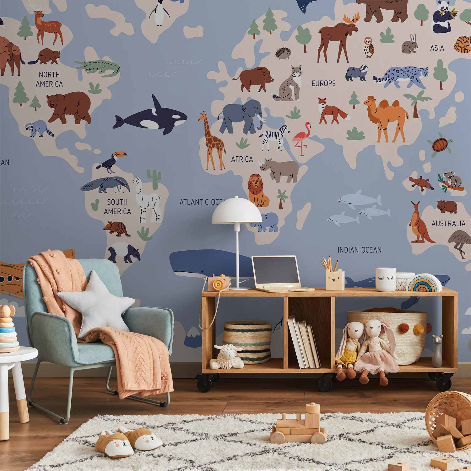 World Map Animal Illustrations Wall Mural