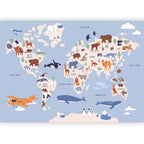 World Map Wall Mural with Animal Illustrations
