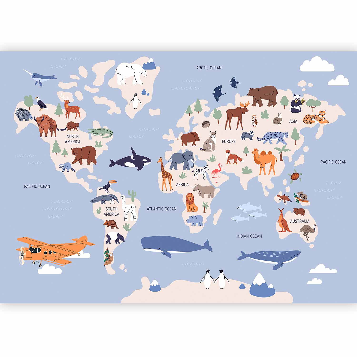 World Map Wall Mural with Animal Illustrations