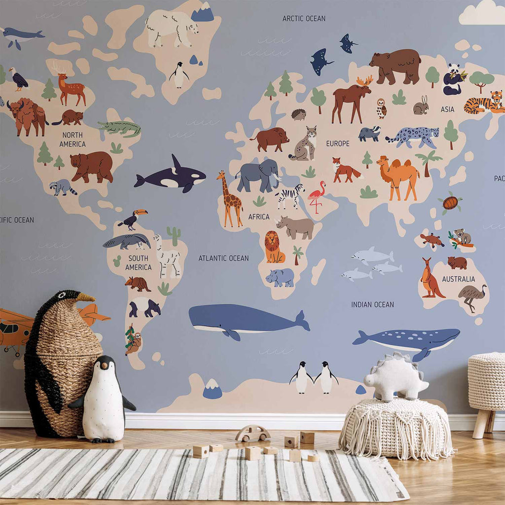 World Map Wall Mural with Animal Illustrations
