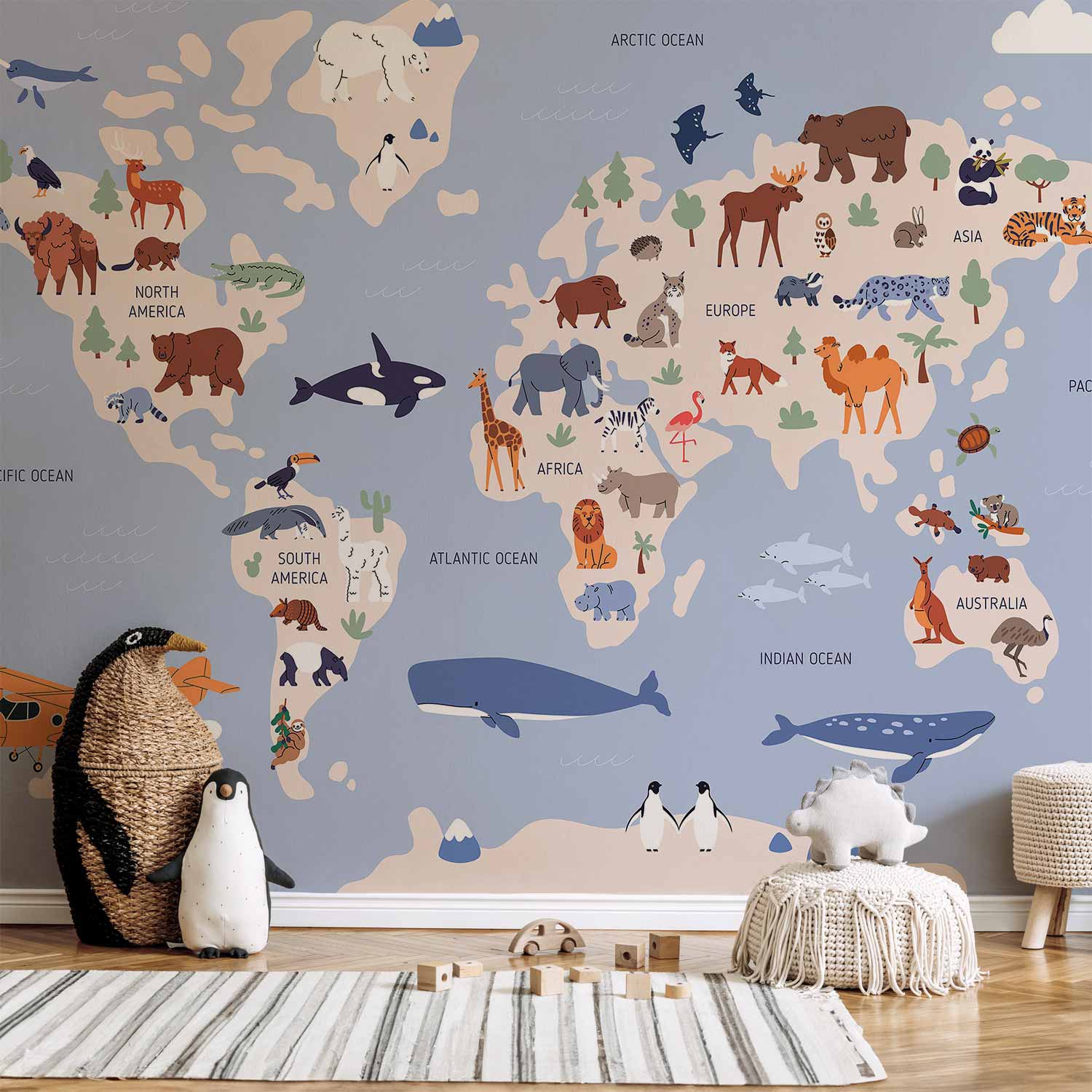 World Map Wall Mural with Animal Illustrations