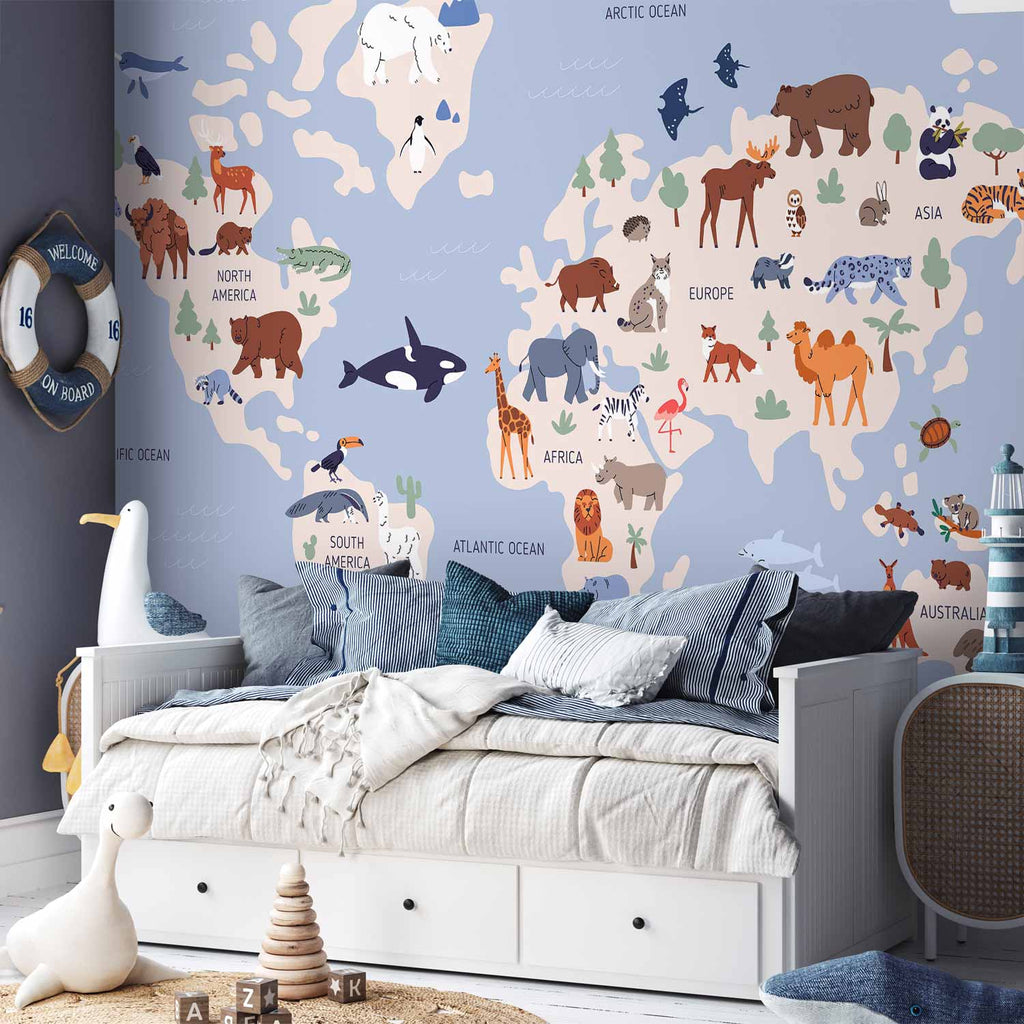 World Map Animal Illustrations Wall Mural