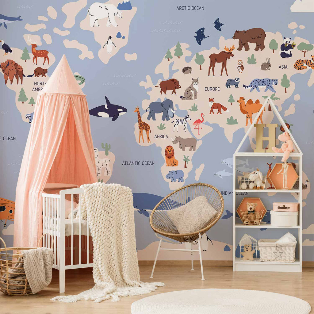 World Map Animal Illustrations Wall Mural
