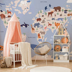 World Map Animal Illustrations Wall Mural