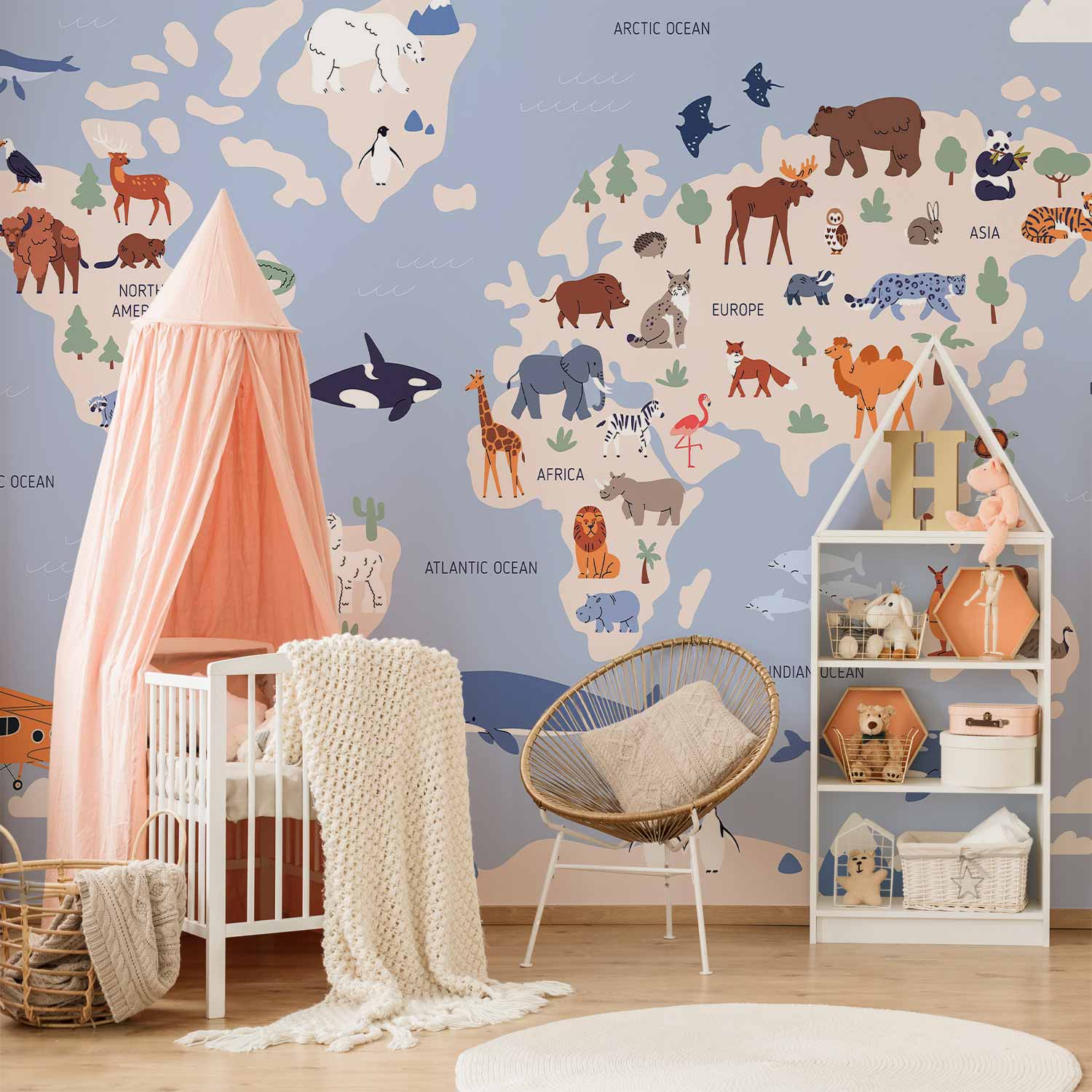 World Map Animal Illustrations Wall Mural