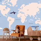 Wall Mural - Pastel Planet - Animals and Underwater Plants on a Map