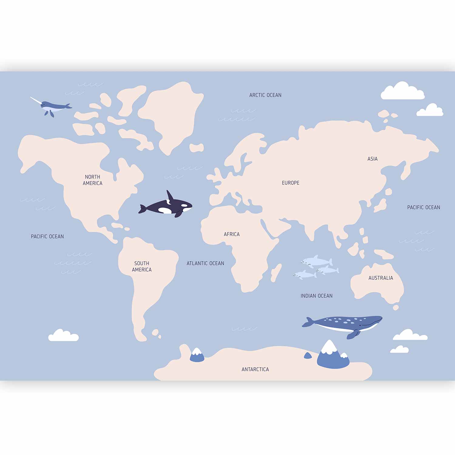 Wall Mural - Pastel Planet - Animals and Underwater Plants on a Map