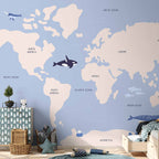 Wall Mural - Pastel Planet - Animals and Underwater Plants on a Map