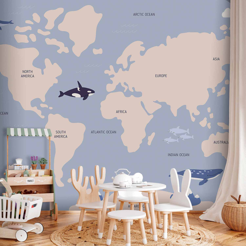 Wall Mural - Pastel Planet - Animals and Underwater Plants on a Map