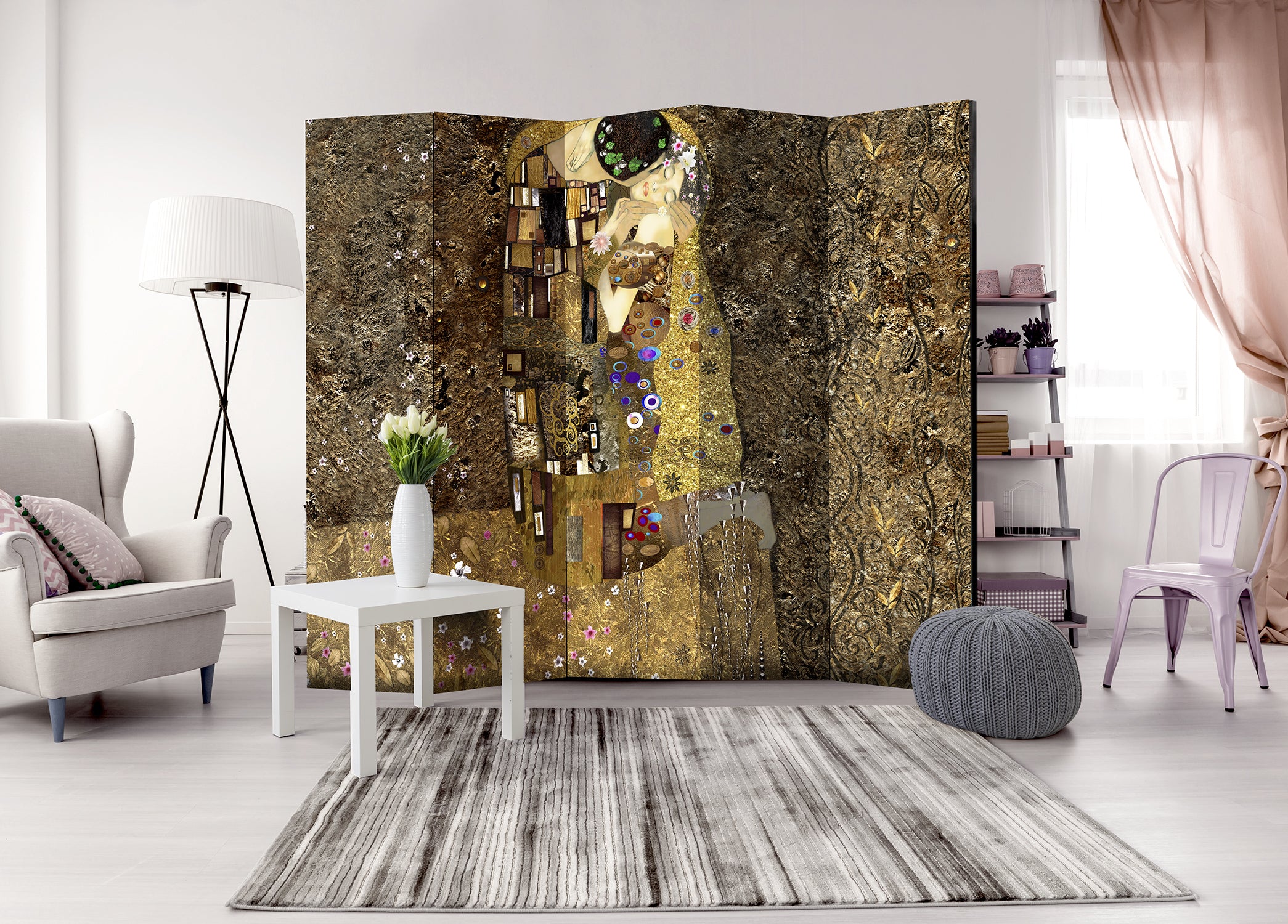 Golden Couple Silhouette Romantic 5-Panel Room Divider