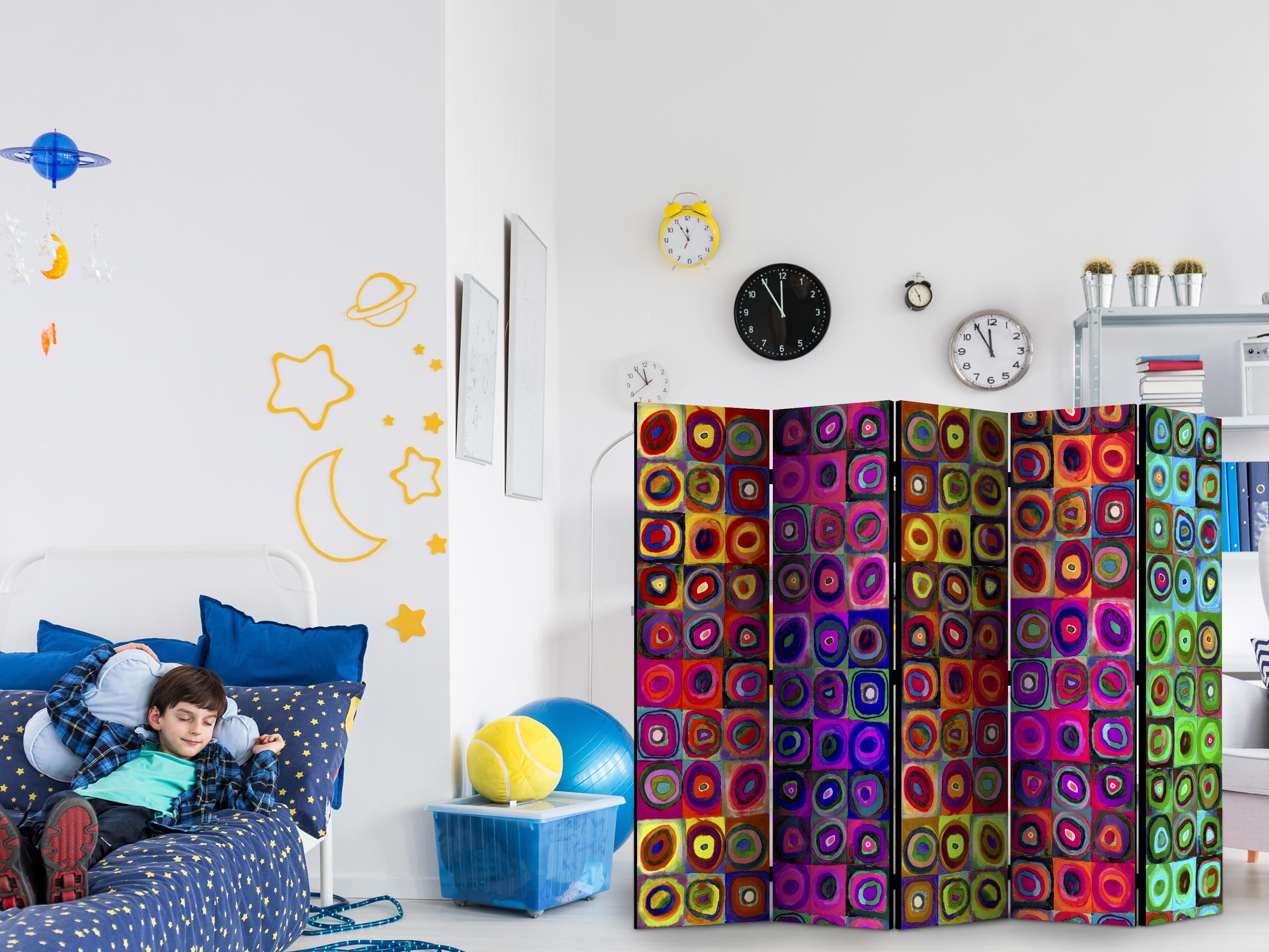 Colorful Abstract Geometric 5-Panel Room Divider