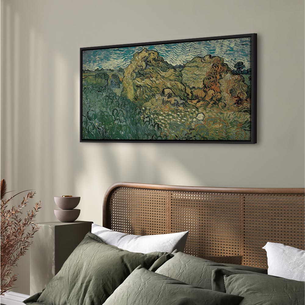 Leinwanddruck „Feld mit Weizenhaufen“ von Van Gogh
