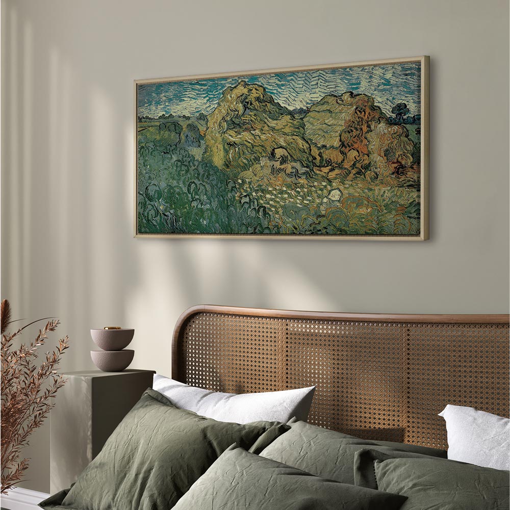 Leinwanddruck „Feld mit Weizenhaufen“ von Van Gogh