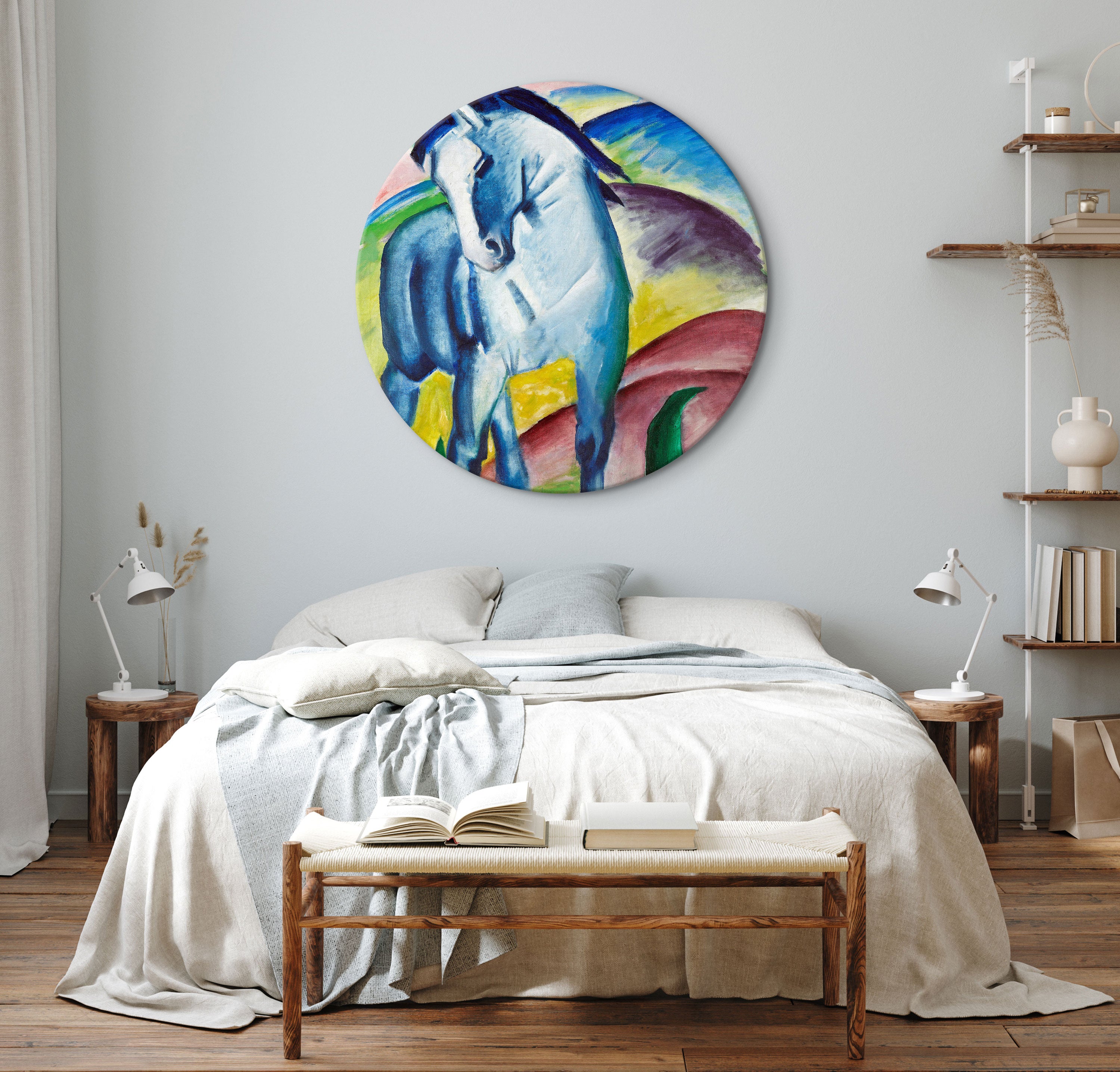 Blue Horse Expressionist Round Canvas Print