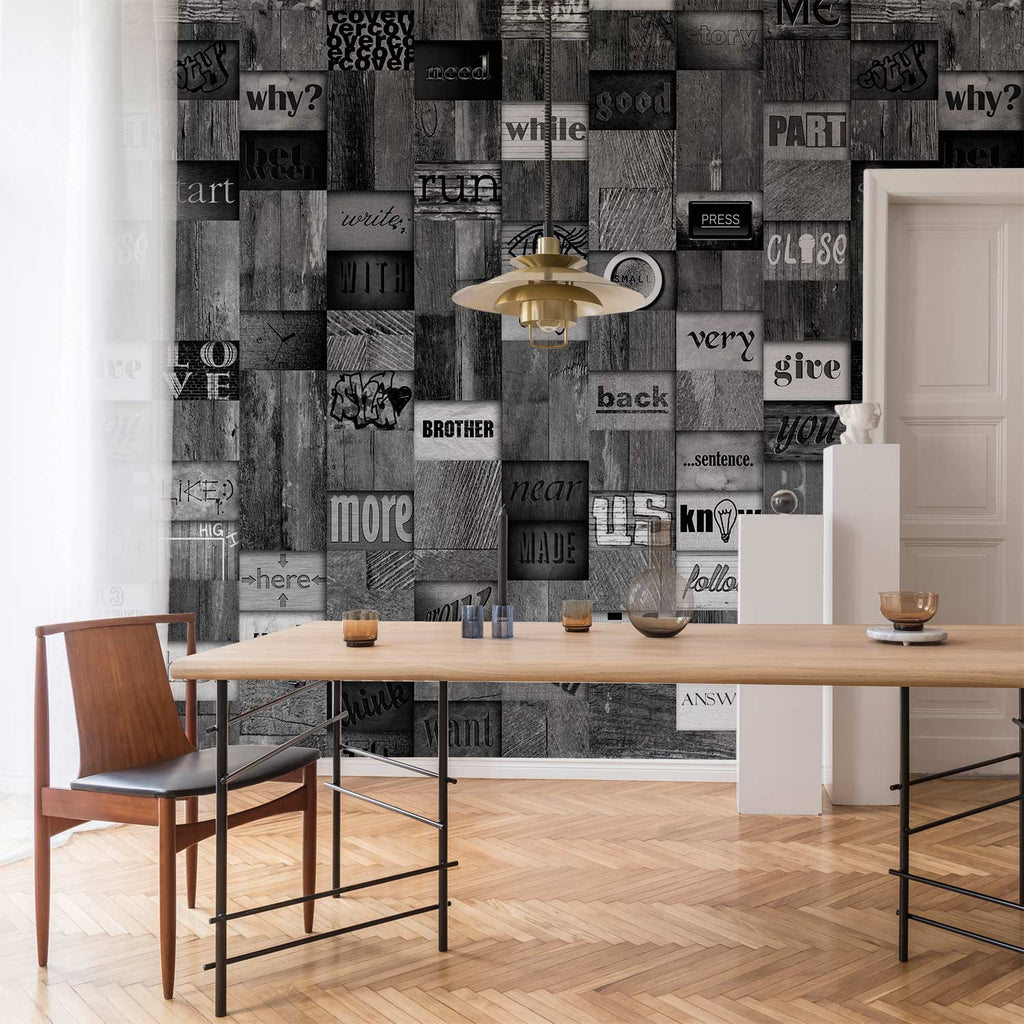 Wood Lettering Texture Grey Wallpaper