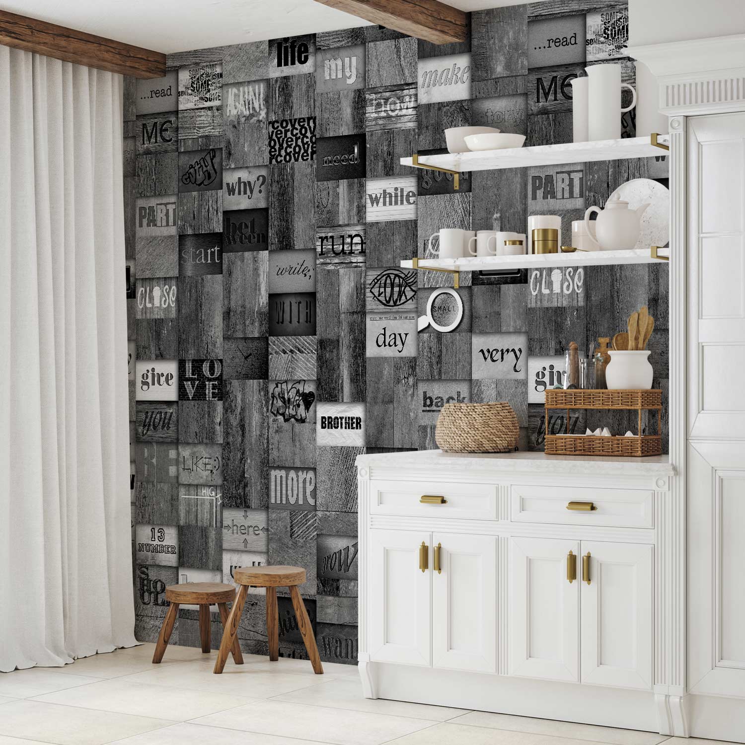 Wood Lettering Texture Grey Wallpaper