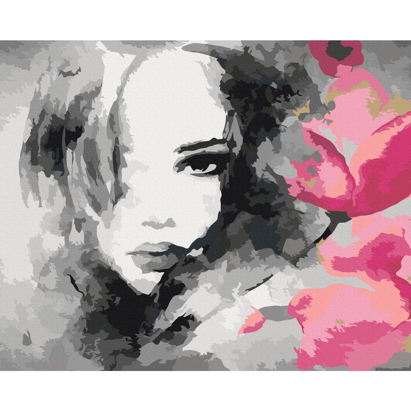 Black and White Woman Portrait Pink Flower Paint by Numbers