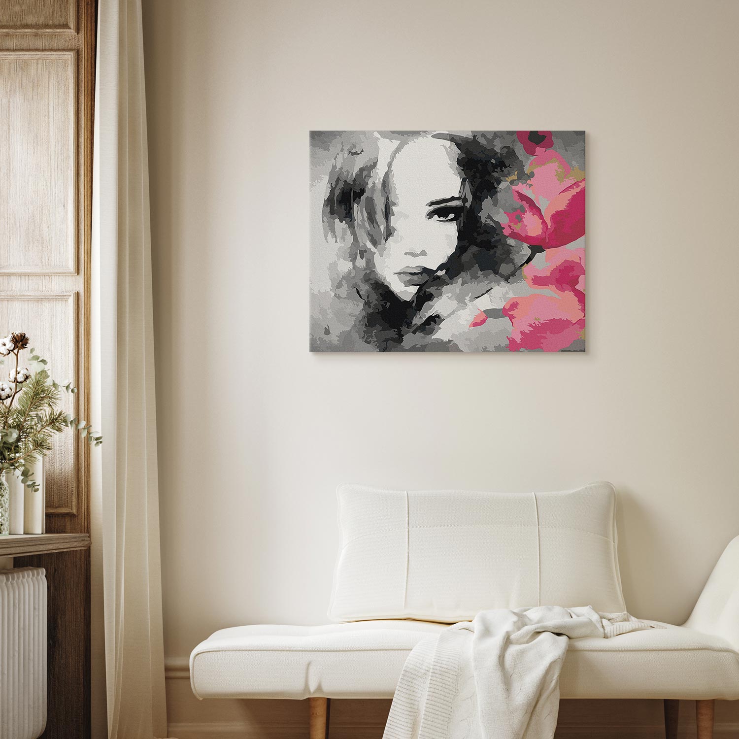 Black and White Woman Portrait Pink Flower Paint by Numbers