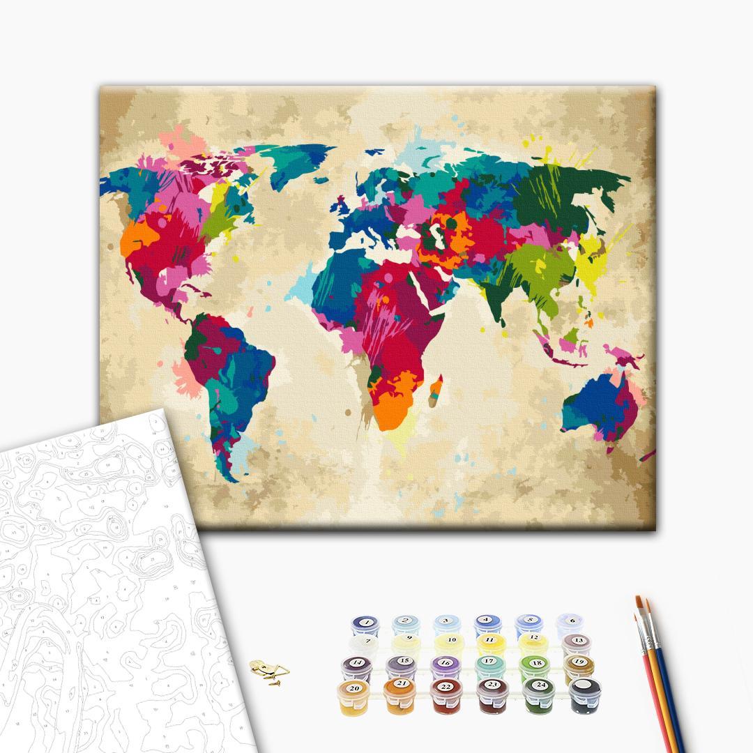 Colourful Watercolour World Map Paint by Numbers