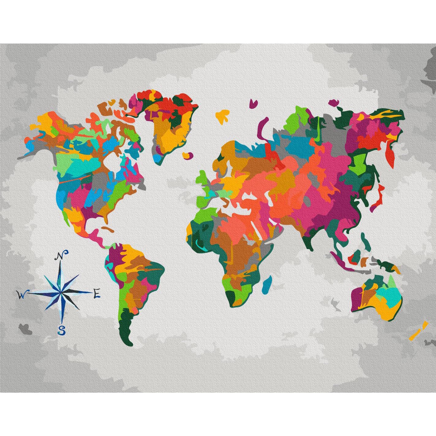 Compass Rose World Map Multicolor Paint by Numbers