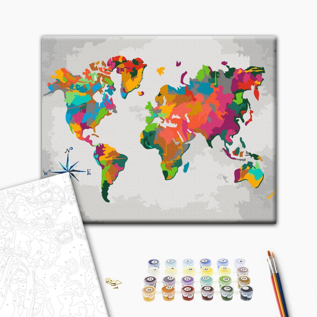 Compass Rose World Map Multicolor Paint by Numbers