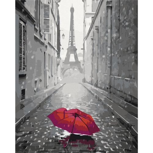 Paris Street Rain Red Umbrella Paint by Numbers