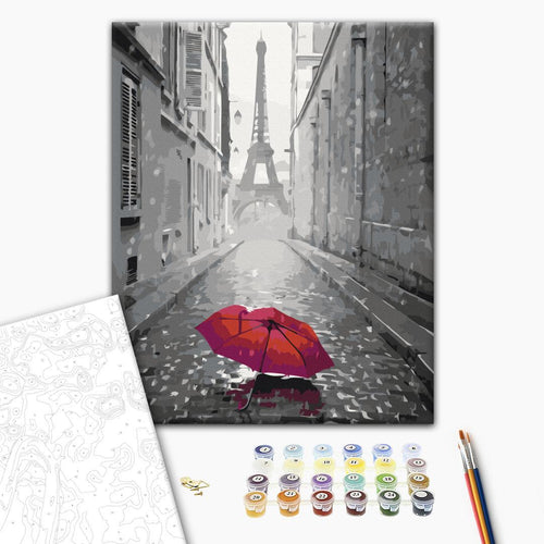 Paris Street Rain Red Umbrella Paint by Numbers