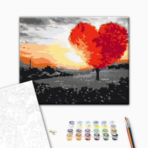 Heart-Shaped Tree Sunrise Landscape Paint by Numbers