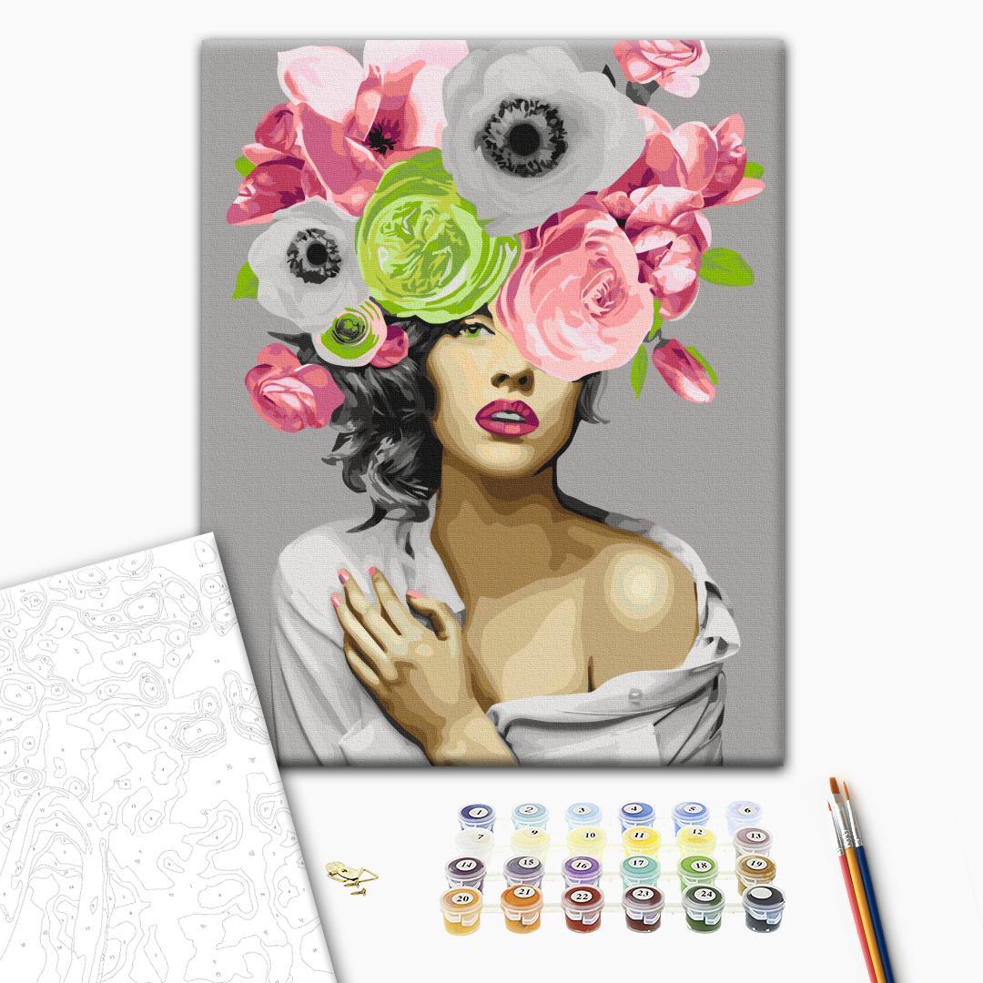 Magnolia Flower Wreath Woman Portrait Paint by Numbers
