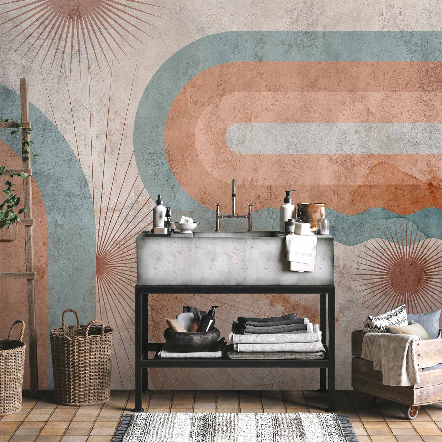 Abstract Geometric Three Suns Wall Mural