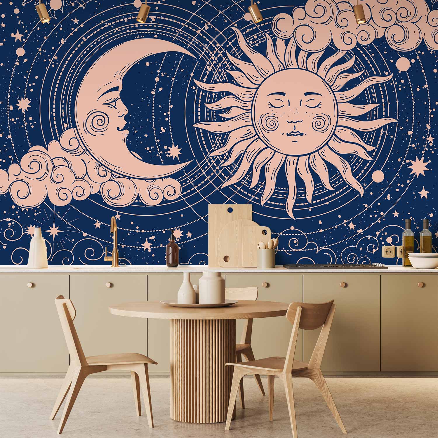 Wall Mural Cosmic Harmony: Sun and Moon on Navy