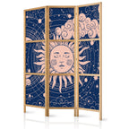 Japanese Room Divider - Cosmic Harmony with Sun & Moon Illustration on Navy