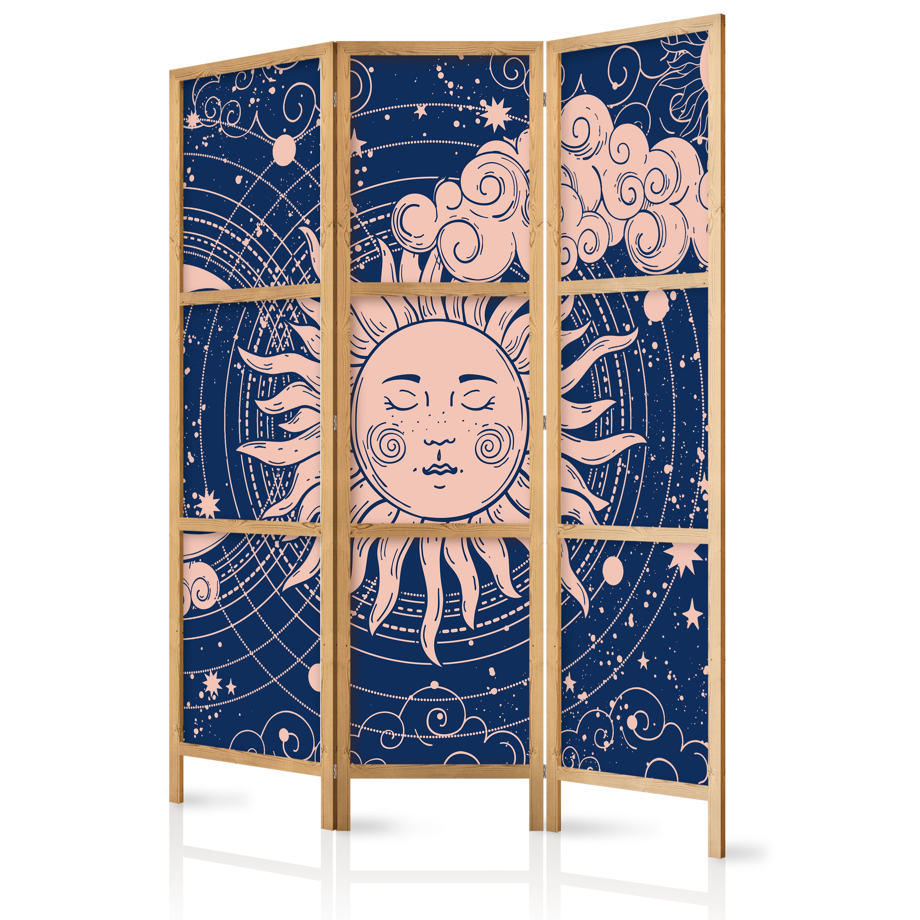 Japanese Room Divider - Cosmic Harmony with Sun & Moon Illustration on Navy
