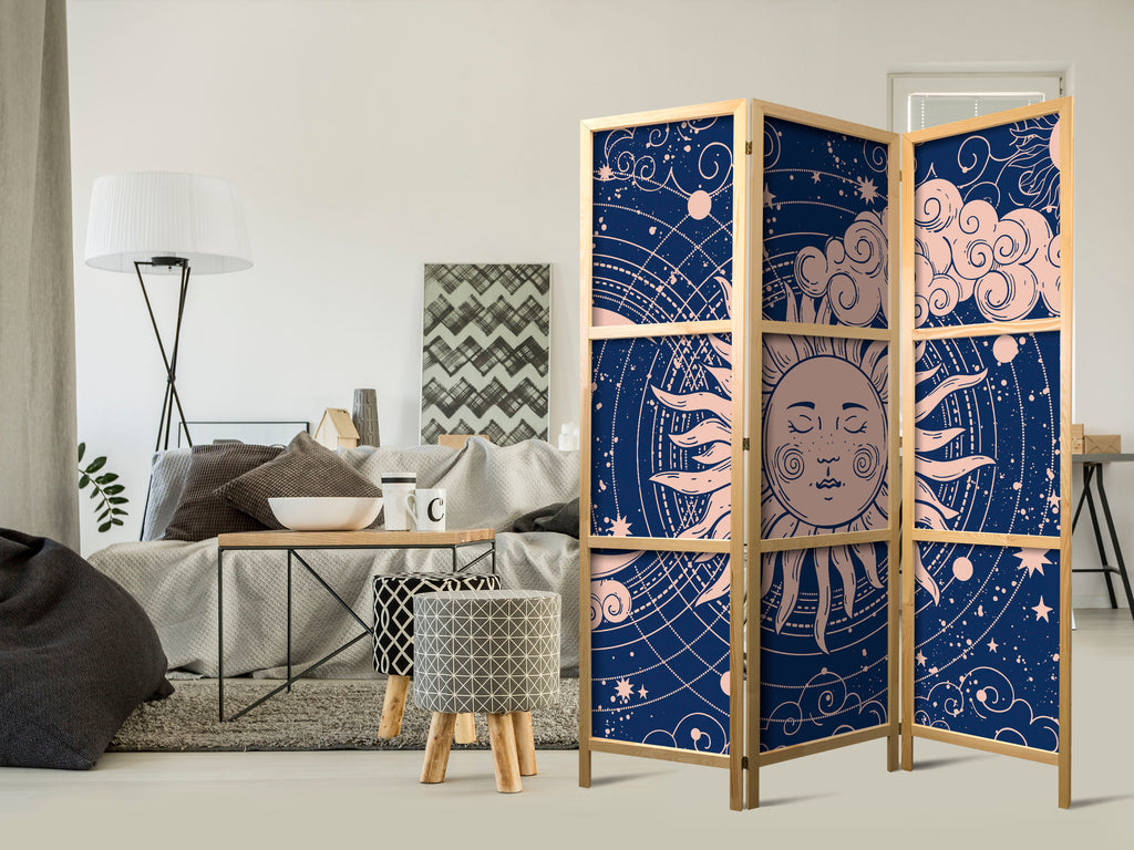 Japanese Room Divider - Cosmic Harmony with Sun & Moon Illustration on Navy