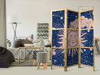 Japanese Room Divider - Cosmic Harmony with Sun & Moon Illustration on Navy
