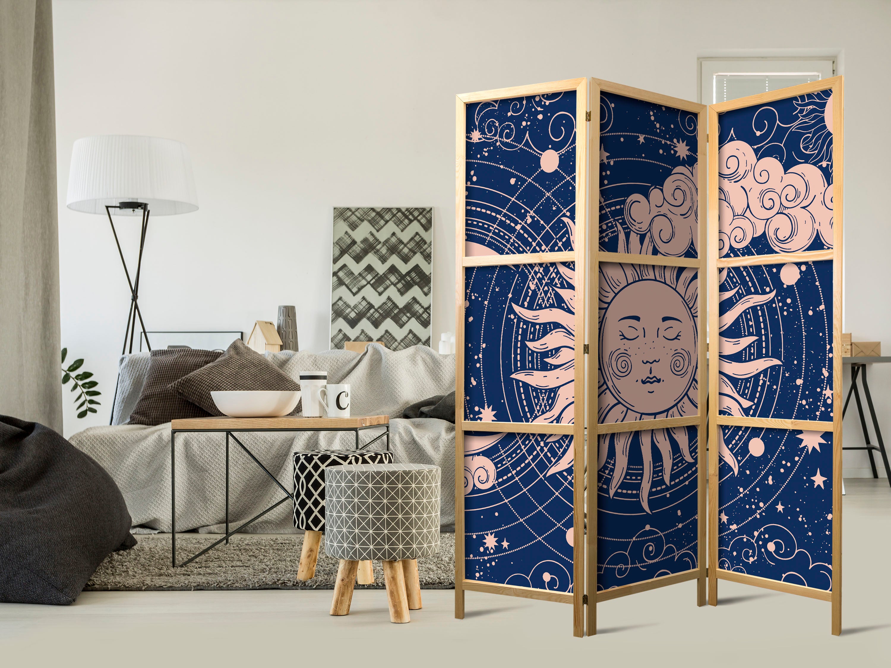 Japanese Room Divider - Cosmic Harmony with Sun & Moon Illustration on Navy